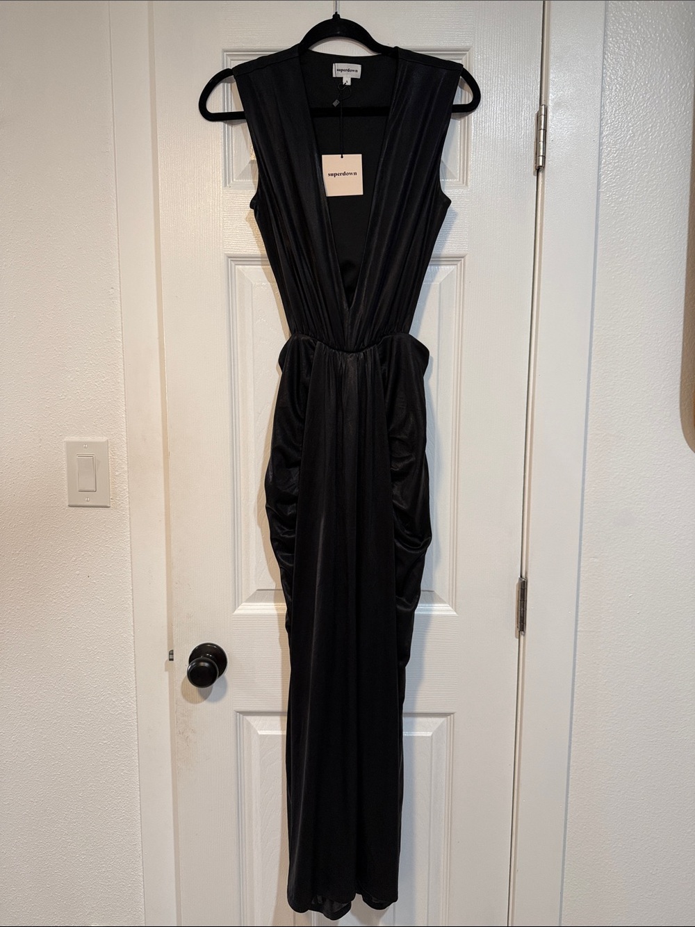 superdown Black One-Shoulder Draped Evening Gown